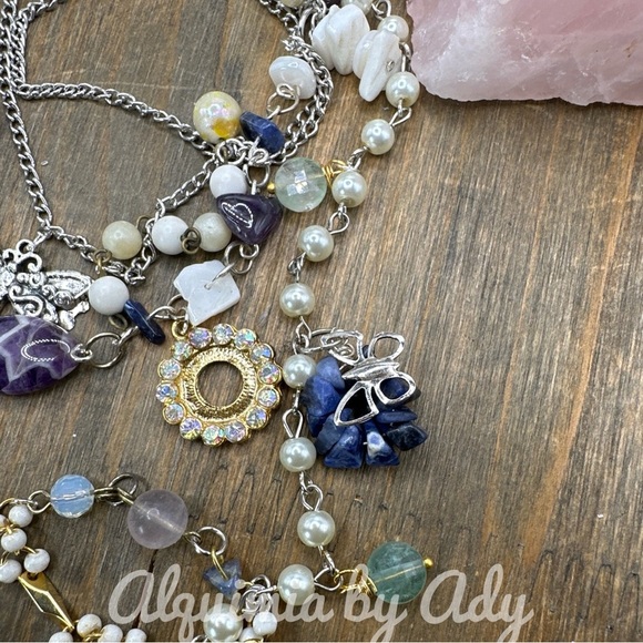 Maximalist fluorite Lapis Lazuli  layered charms boho beaded necklace - Picture 2 of 8